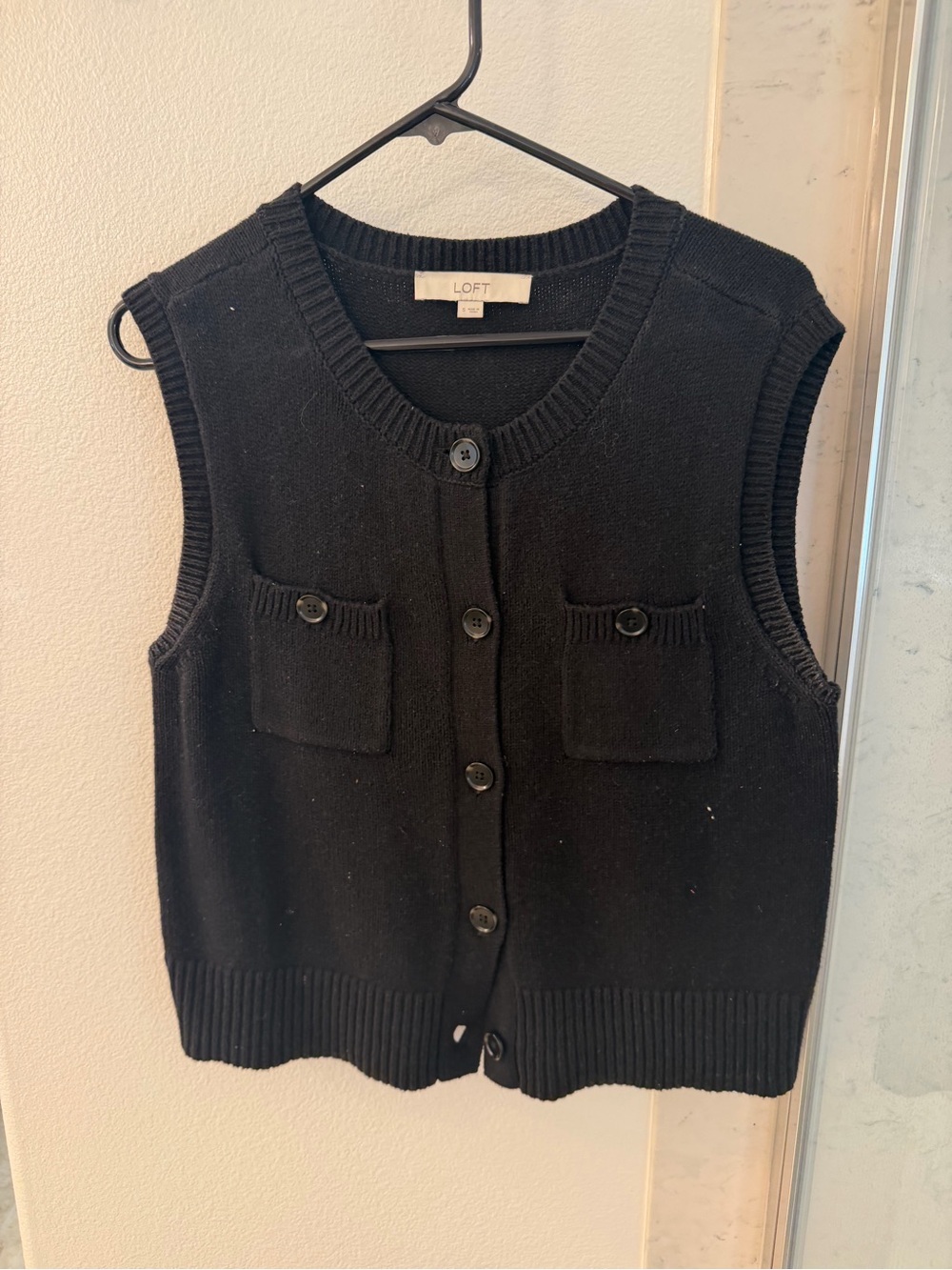 LOFT Black Button-Front Sleeveless Sweater Vest